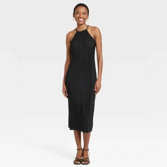 a new day | Dresses | Black Halter Plisse Shift Dress Midi Dress Ties At  Back Of Neck | Poshmark